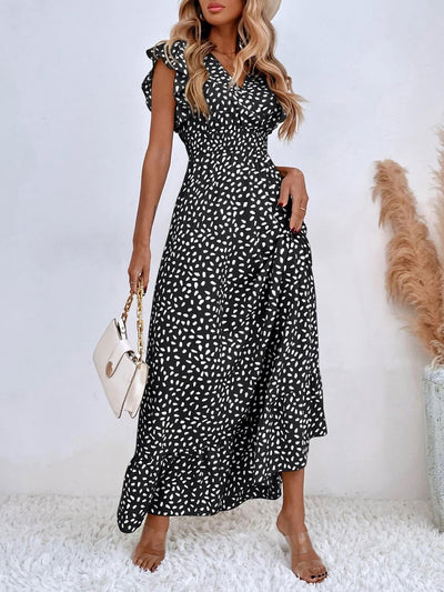 Dots Print Ruffled Cap Sleeves Smocked Waist Maxi Dress