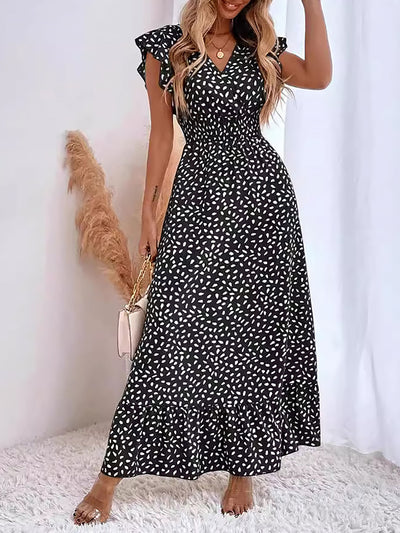 Dots Print Ruffled Cap Sleeves Smocked Waist Maxi Dress