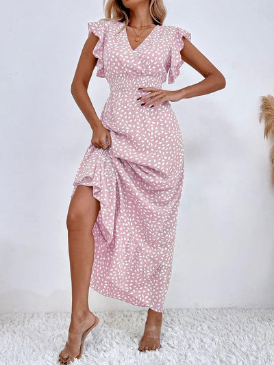 Dots Print Ruffled Cap Sleeves Smocked Waist Maxi Dress