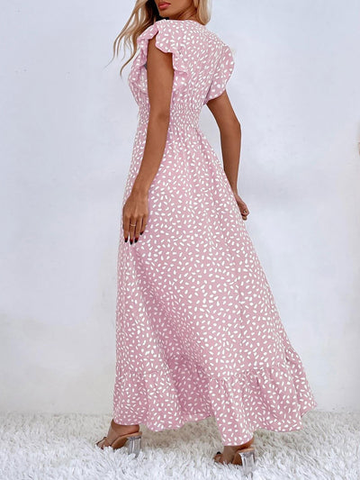 Dots Print Ruffled Cap Sleeves Smocked Waist Maxi Dress