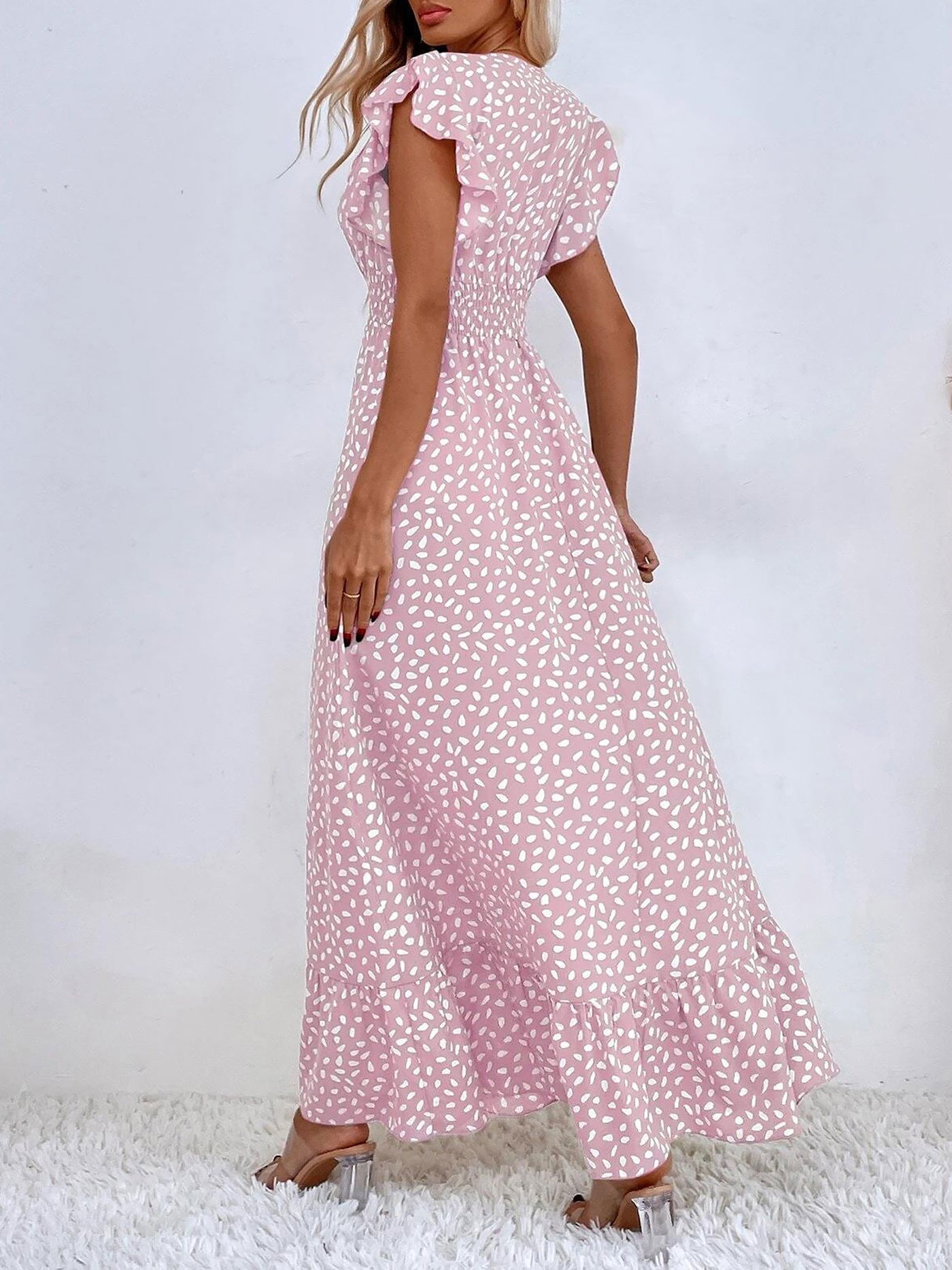 Allegra K Dots Print Ruffled Cap Sleeves Smocked Waist Maxi Dress