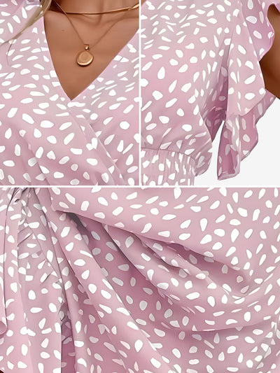 Dots Print Ruffled Cap Sleeves Smocked Waist Maxi Dress