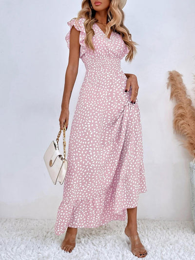 Dots Print Ruffled Cap Sleeves Smocked Waist Maxi Dress