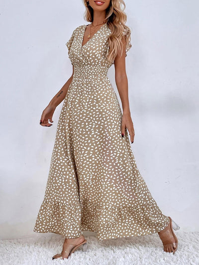 Dots Print Ruffled Cap Sleeves Smocked Waist Maxi Dress