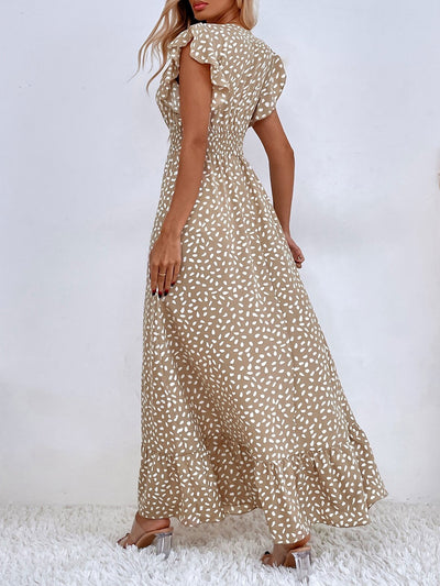 Dots Print Ruffled Cap Sleeves Smocked Waist Maxi Dress