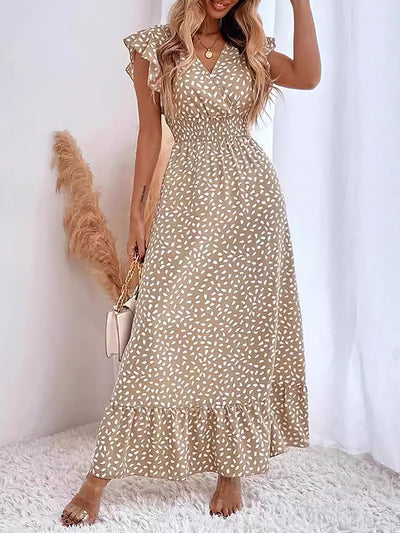 Dots Print Ruffled Cap Sleeves Smocked Waist Maxi Dress