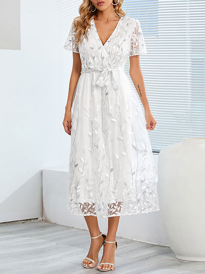 Embroidered Sequin Mesh Short Sleeves Belted Midi Dress