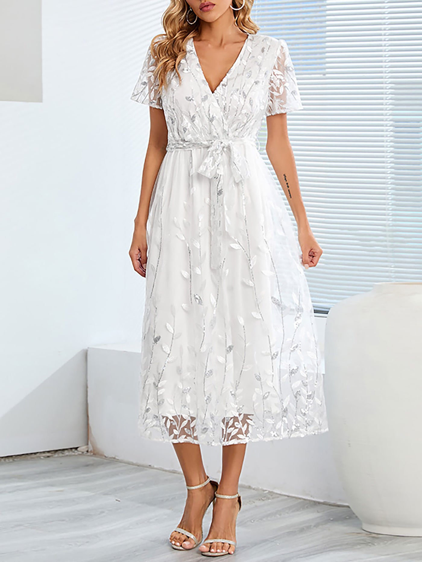 Allegra K Embroidered Sequin Mesh Short Sleeves Belted Midi Dress