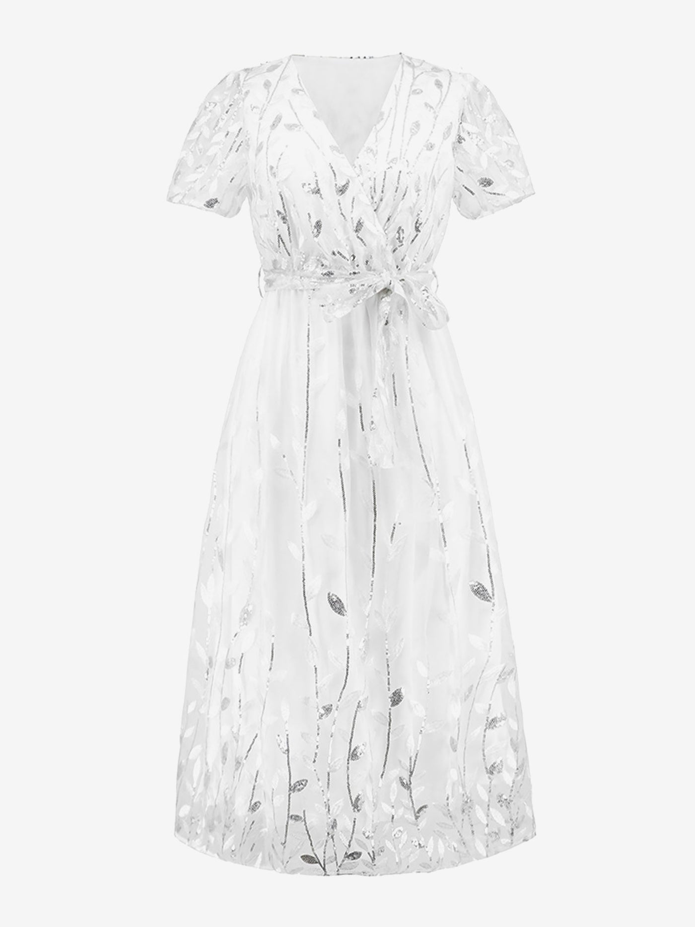 Allegra K Embroidered Sequin Mesh Short Sleeves Belted Midi Dress