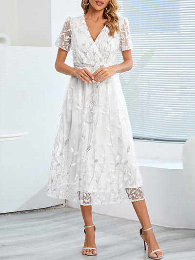 Embroidered Sequin Mesh Short Sleeves Belted Midi Dress