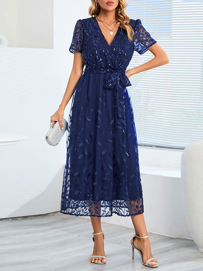 Embroidered Sequin Mesh Short Sleeves Belted Midi Dress