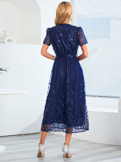 Embroidered Sequin Mesh Short Sleeves Belted Midi Dress