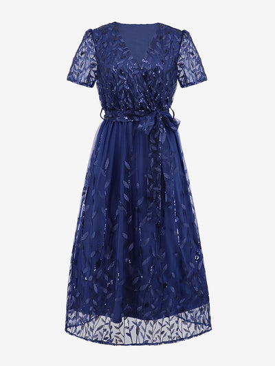 Embroidered Sequin Mesh Short Sleeves Belted Midi Dress