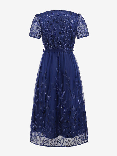 Embroidered Sequin Mesh Short Sleeves Belted Midi Dress