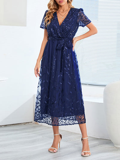 Embroidered Sequin Mesh Short Sleeves Belted Midi Dress