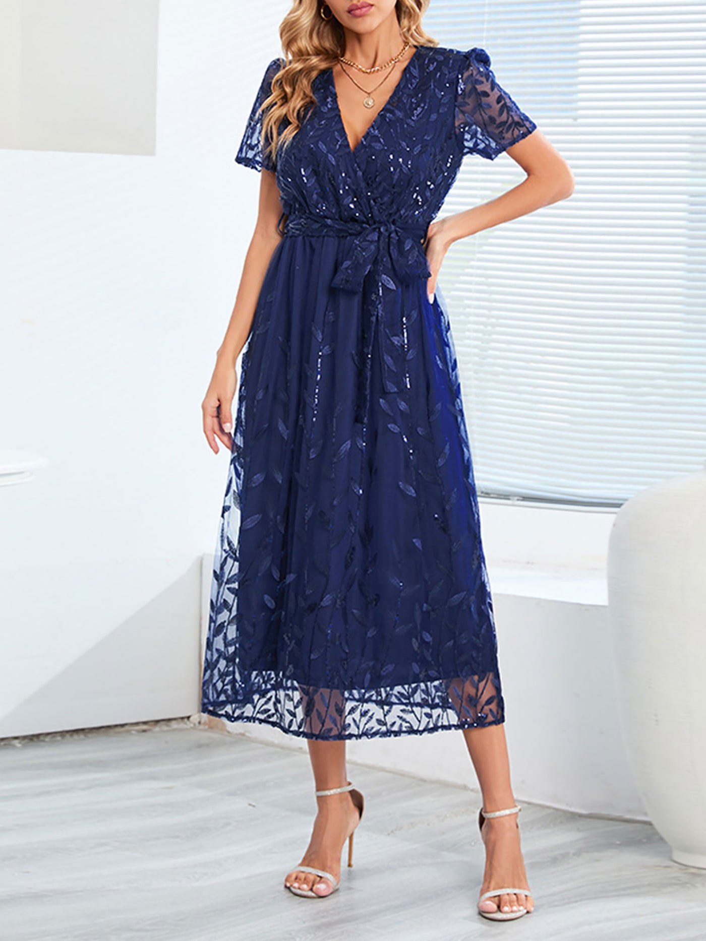 Allegra K Embroidered Sequin Mesh Short Sleeves Belted Midi Dress