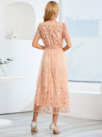 Embroidered Sequin Mesh Short Sleeves Belted Midi Dress