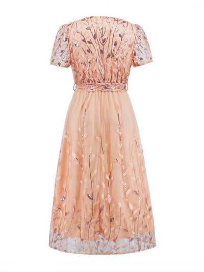 Embroidered Sequin Mesh Short Sleeves Belted Midi Dress