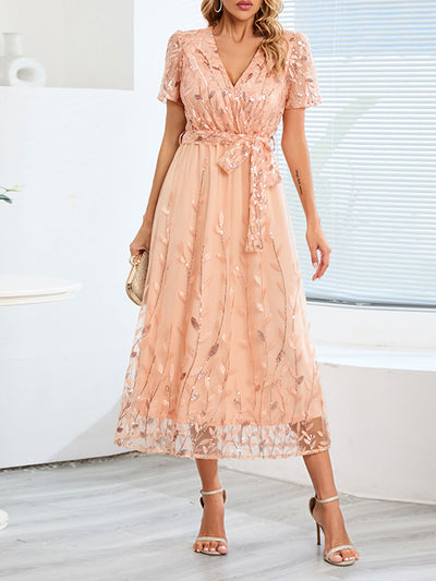 Embroidered Sequin Mesh Short Sleeves Belted Midi Dress