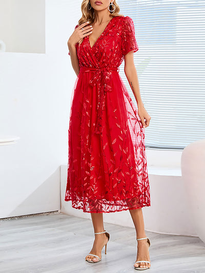 Embroidered Sequin Mesh Short Sleeves Belted Midi Dress