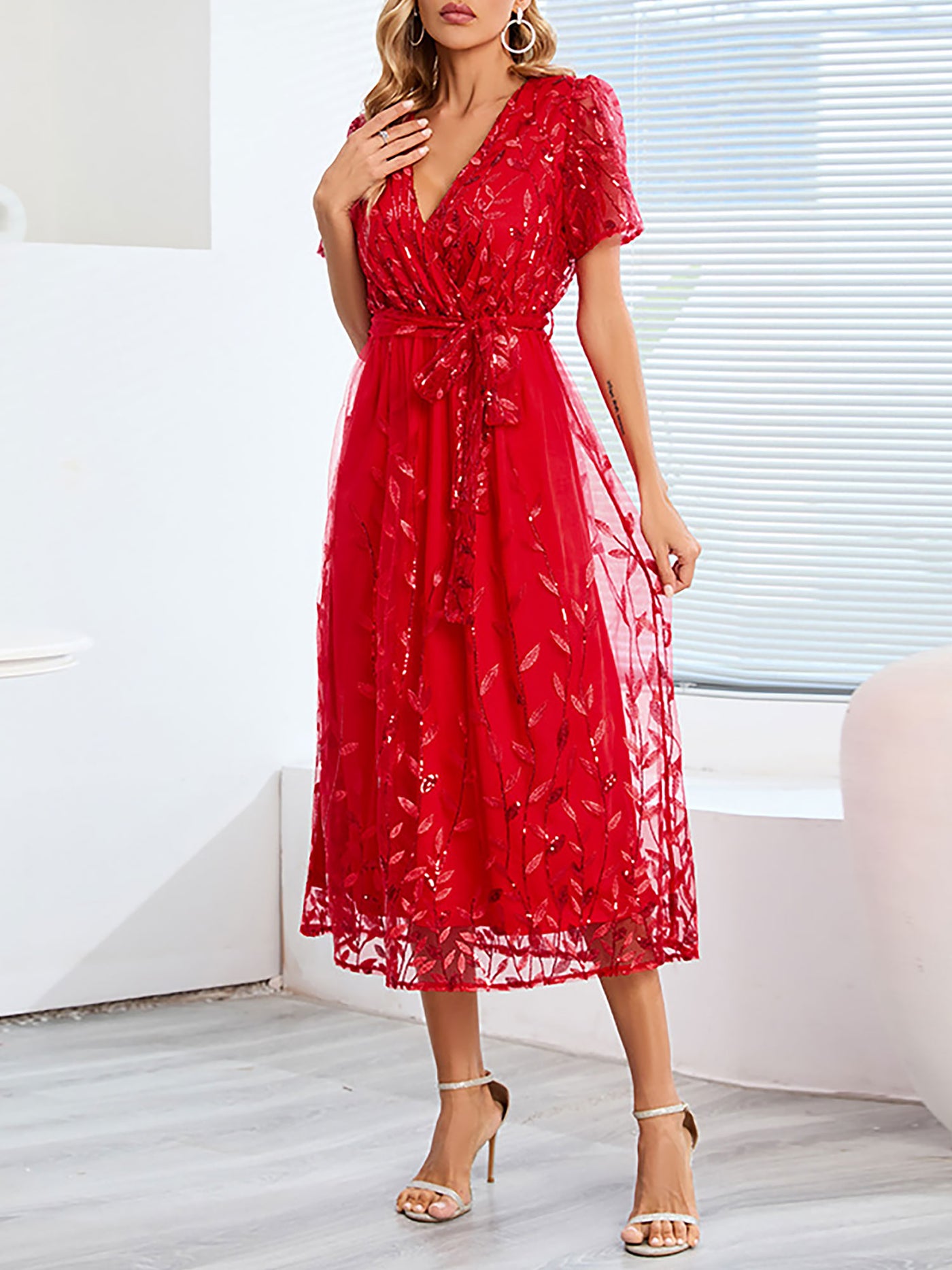 Allegra K Embroidered Sequin Mesh Short Sleeves Belted Midi Dress