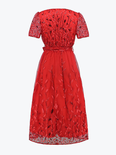 Embroidered Sequin Mesh Short Sleeves Belted Midi Dress