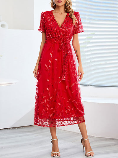 Embroidered Sequin Mesh Short Sleeves Belted Midi Dress