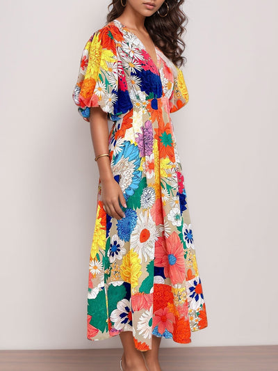 Floral V Neck Puff Sleeves Pleated Smocked A-Line Midi Dress