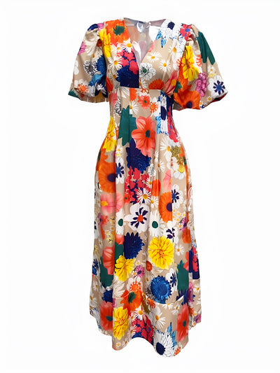 Floral V Neck Puff Sleeves Pleated Smocked A-Line Midi Dress