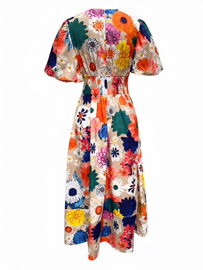 Floral V Neck Puff Sleeves Pleated Smocked A-Line Midi Dress