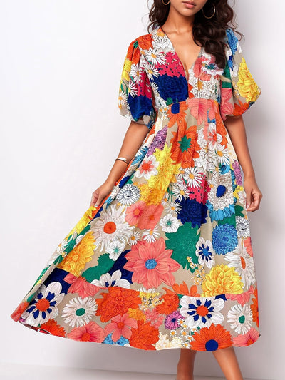 Floral V Neck Puff Sleeves Pleated Smocked A-Line Midi Dress