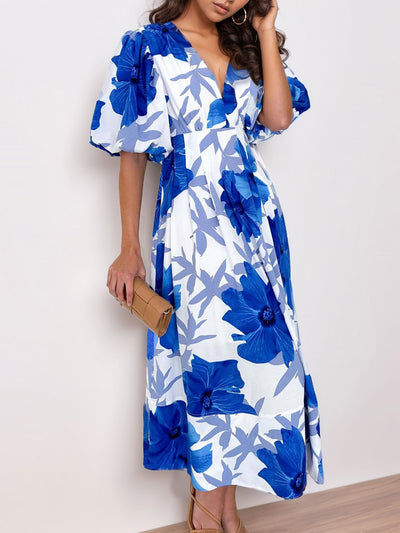 Floral V Neck Puff Sleeves Pleated Smocked A-Line Midi Dress