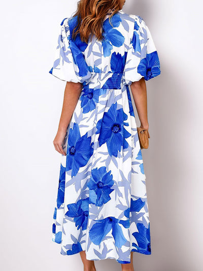 Floral V Neck Puff Sleeves Pleated Smocked A-Line Midi Dress