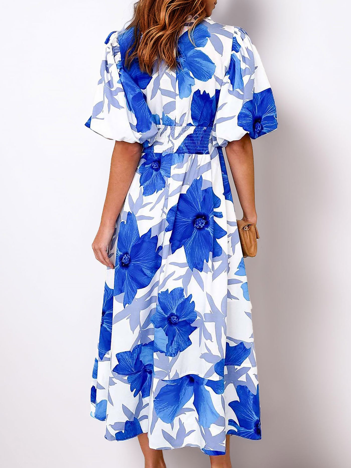 Allegra K Floral V Neck Puff Sleeves Pleated Smocked A-Line Midi Dress