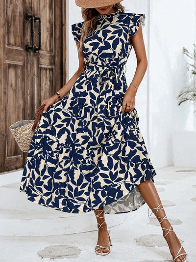 Ruffled Cap Sleeves Belted Floral Tiered Maxi Dress