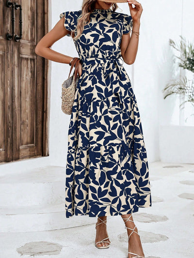 Ruffled Cap Sleeves Belted Floral Tiered Maxi Dress