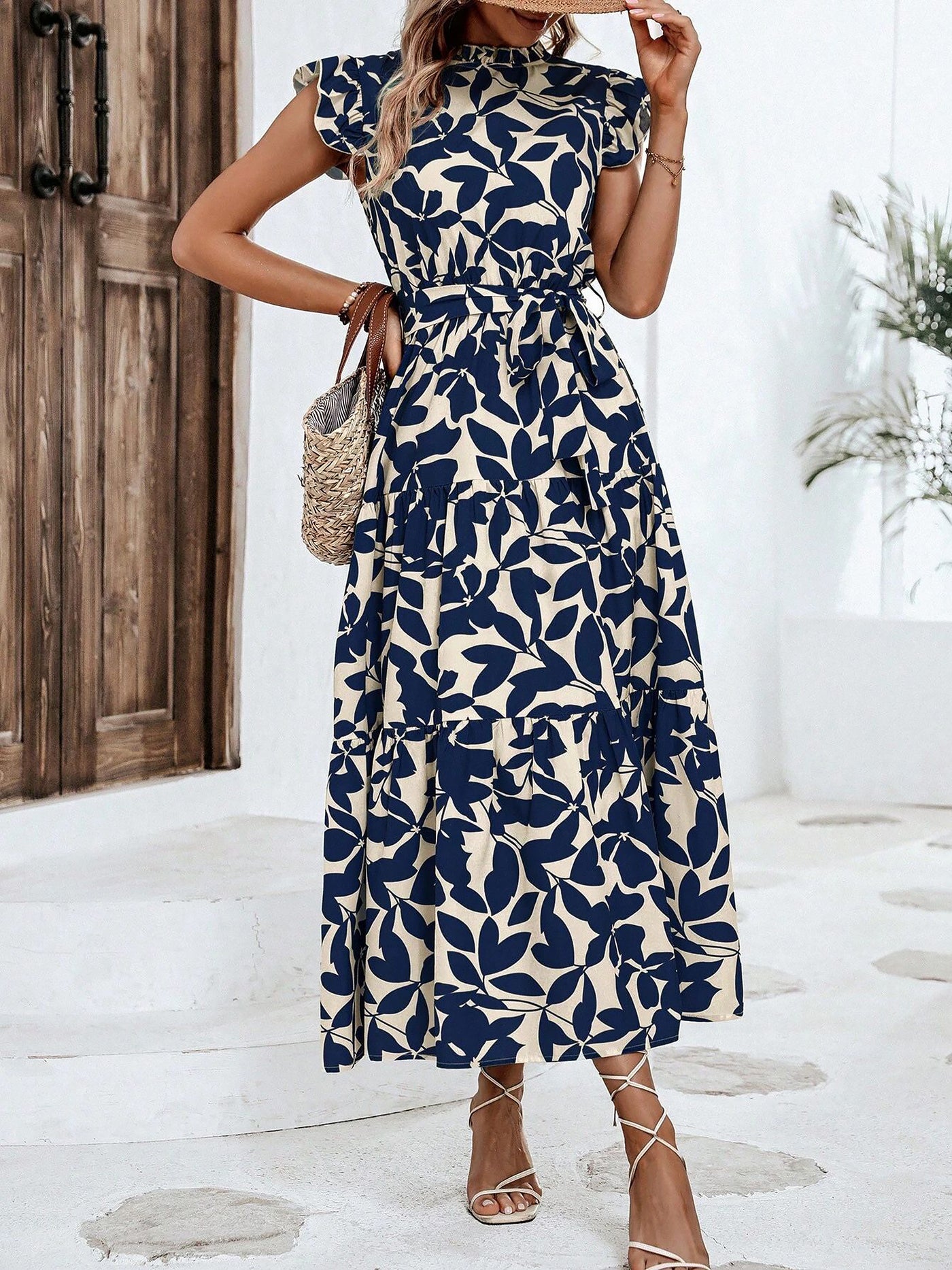 Allegra K Ruffled Cap Sleeves Belted Floral Tiered Maxi Dress