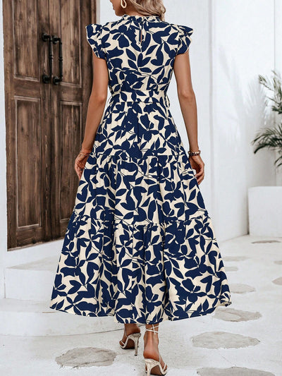 Ruffled Cap Sleeves Belted Floral Tiered Maxi Dress