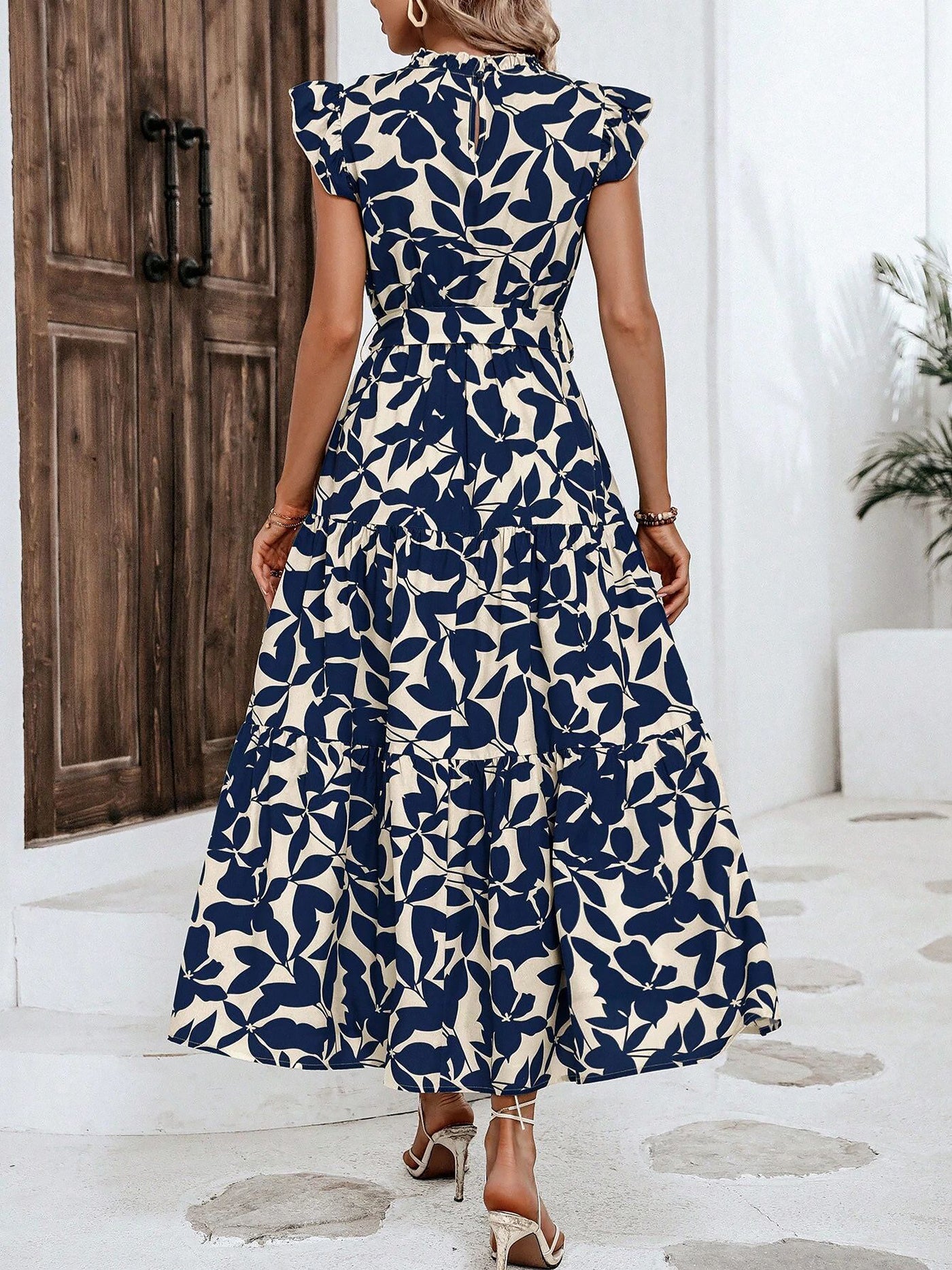 Allegra K Ruffled Cap Sleeves Belted Floral Tiered Maxi Dress