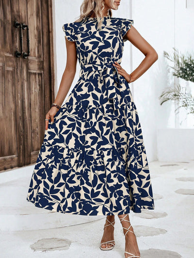 Ruffled Cap Sleeves Belted Floral Tiered Maxi Dress