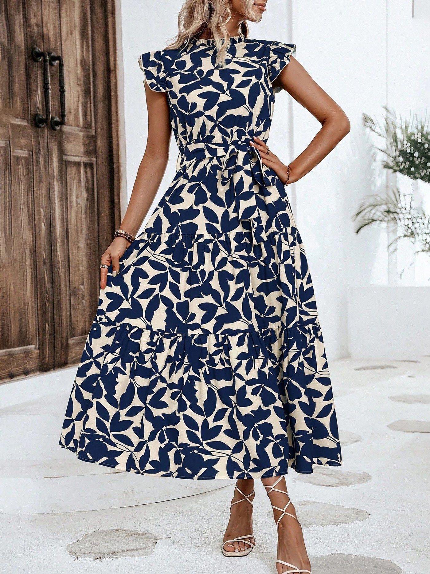 Allegra K Ruffled Cap Sleeves Belted Floral Tiered Maxi Dress