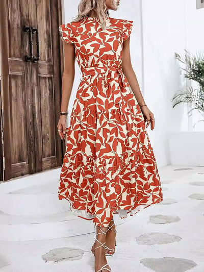 Ruffled Cap Sleeves Belted Floral Tiered Maxi Dress