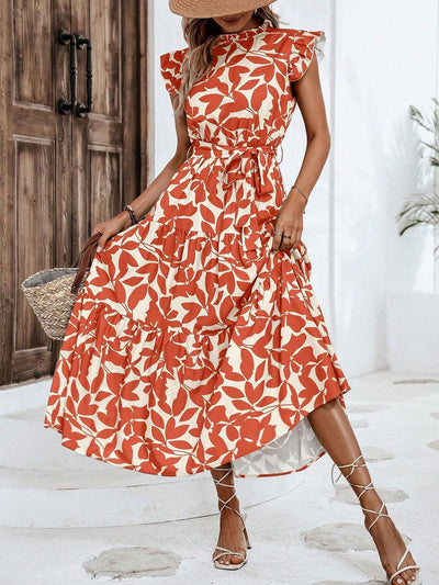 Ruffled Cap Sleeves Belted Floral Tiered Maxi Dress