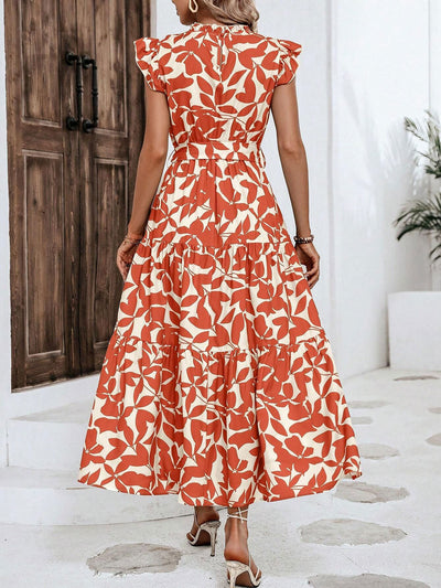 Ruffled Cap Sleeves Belted Floral Tiered Maxi Dress