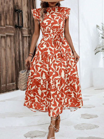 Ruffled Cap Sleeves Belted Floral Tiered Maxi Dress