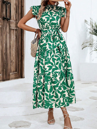 Ruffled Cap Sleeves Belted Floral Tiered Maxi Dress