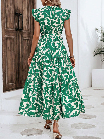 Ruffled Cap Sleeves Belted Floral Tiered Maxi Dress