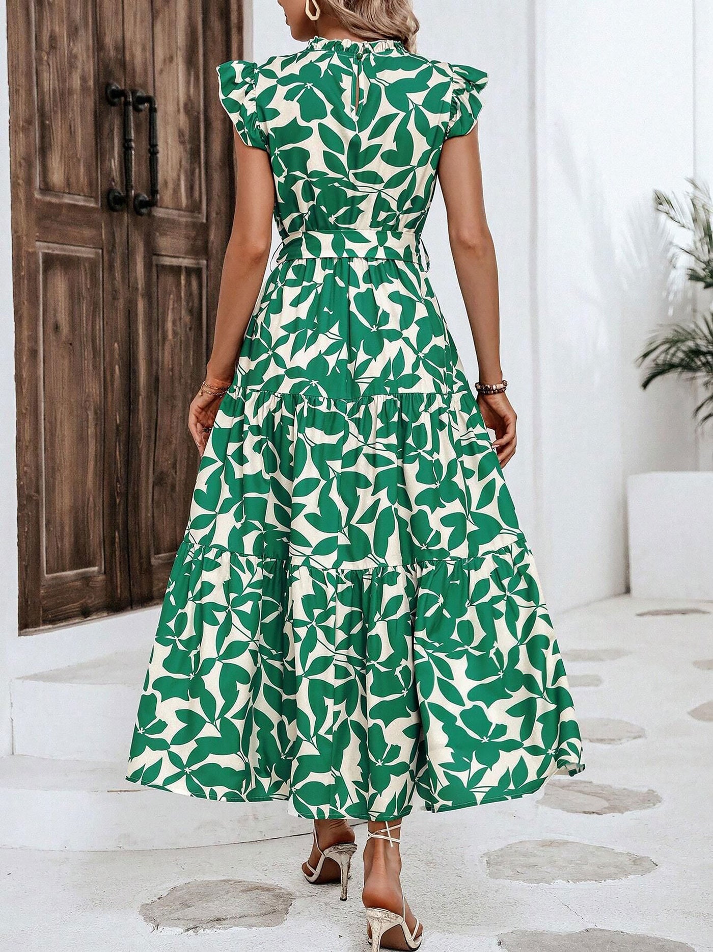 Allegra K Ruffled Cap Sleeves Belted Floral Tiered Maxi Dress