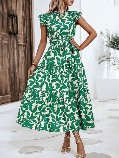 Ruffled Cap Sleeves Belted Floral Tiered Maxi Dress