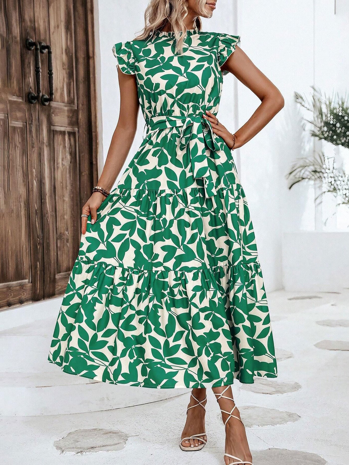 Allegra K Ruffled Cap Sleeves Belted Floral Tiered Maxi Dress